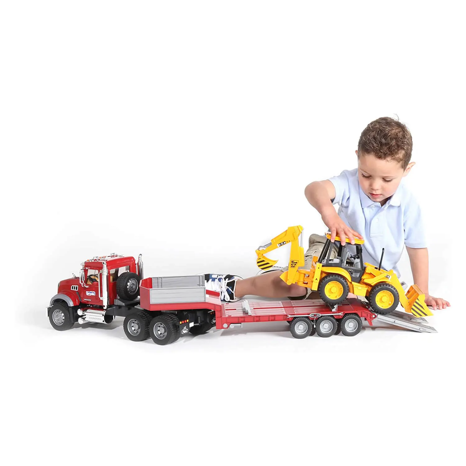 Bruder Pro Series 1:16 Scale Mack Granite Flatbed Truck w JCB Backhoe