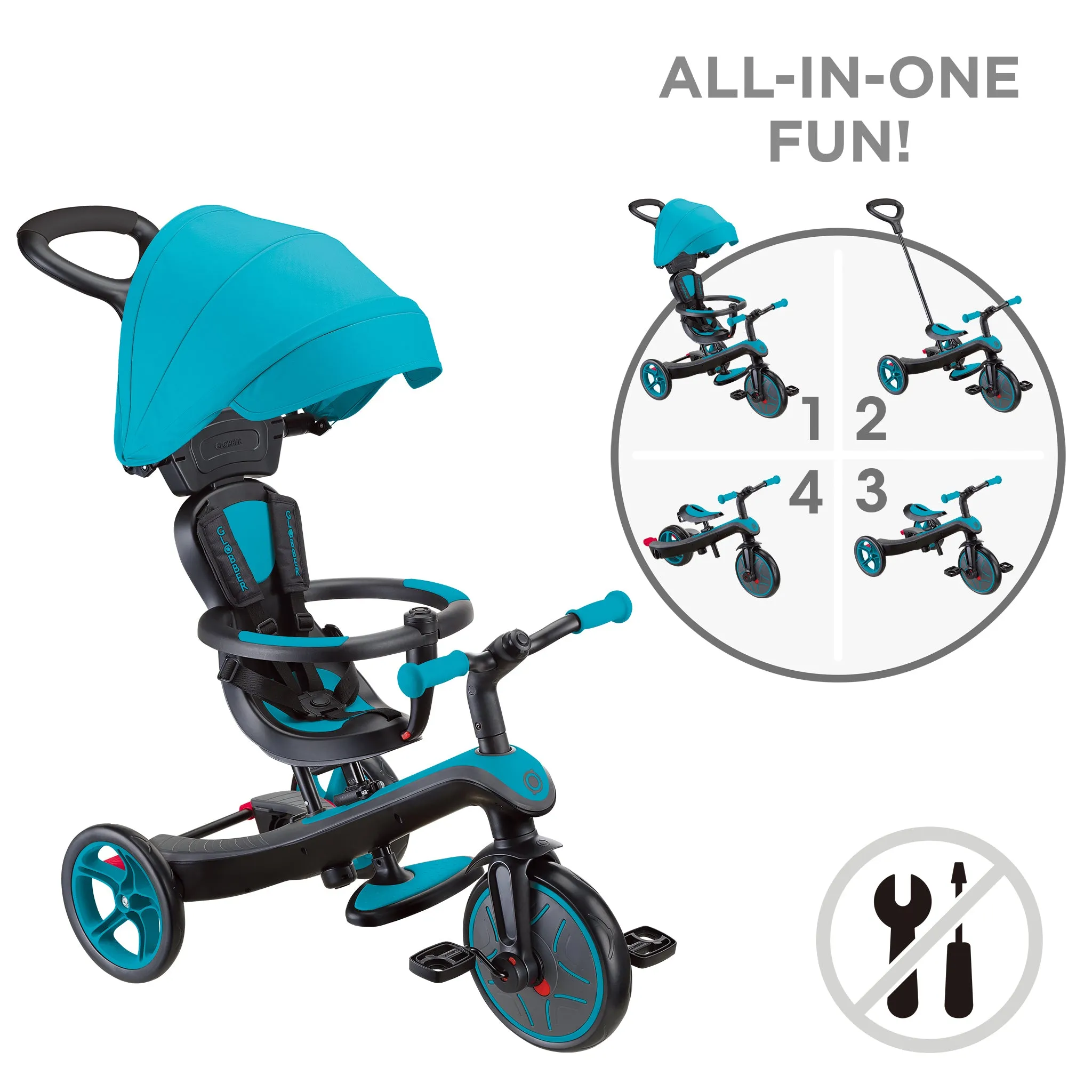 Globber Explorer Trike 4-In-1 - Teal (New Canopy, New Handlebar, New Handlegrip Skin) (10M - 5Y)