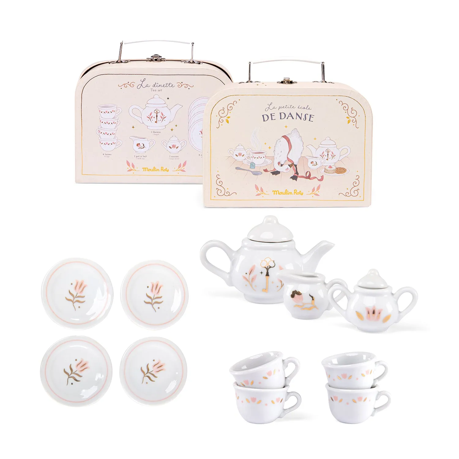 Moulin Roty La Petite Ecole De Danse Porcelaine Tea Set in Carry-On Suitcase