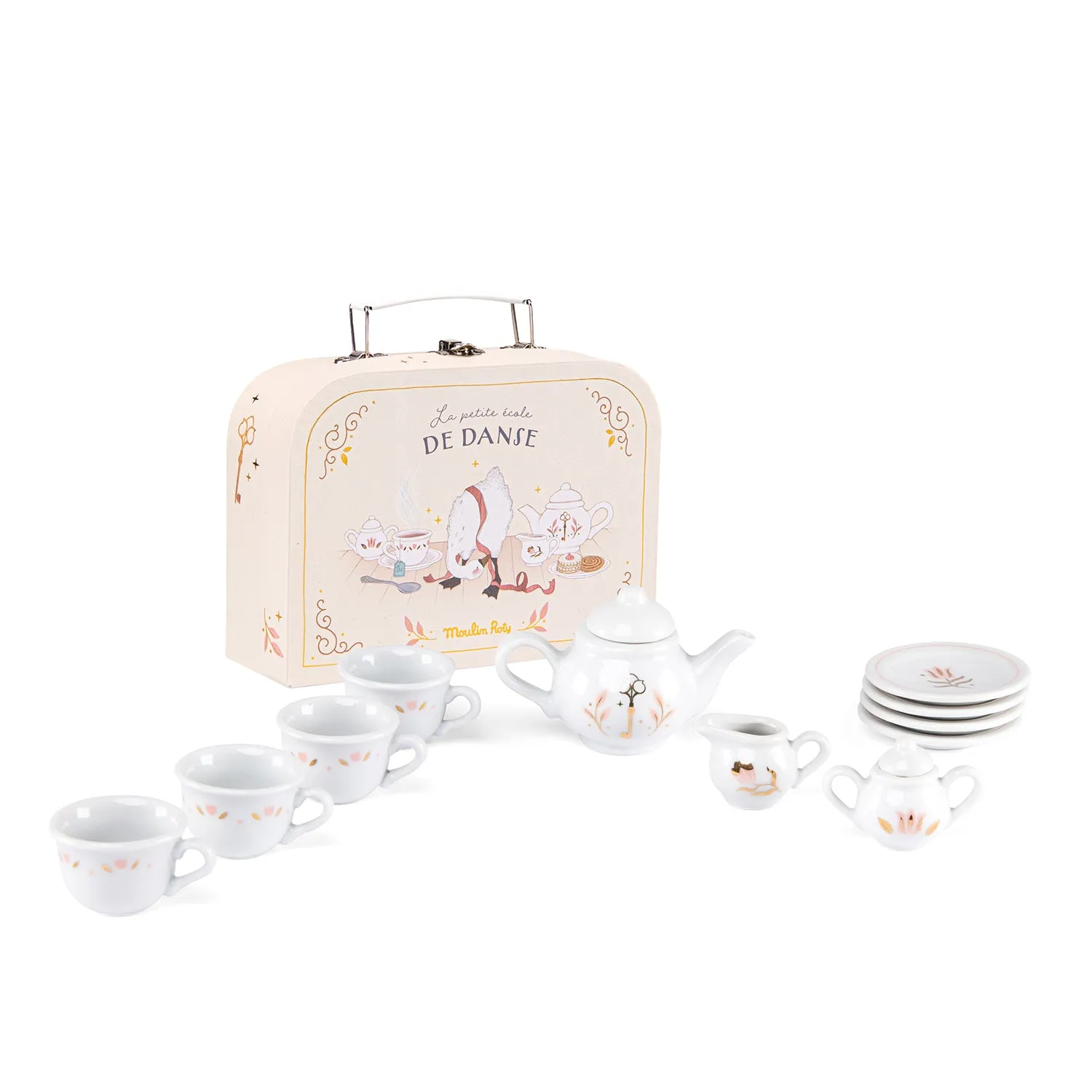 Moulin Roty La Petite Ecole De Danse Porcelaine Tea Set in Carry-On Suitcase