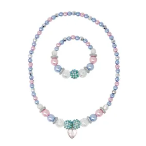 Pink Poppy Blue Ice Princess Stretch Pearl Beaded Necklace & Bracelet Set