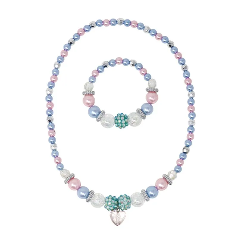 Pink Poppy Blue Ice Princess Stretch Pearl Beaded Necklace & Bracelet Set